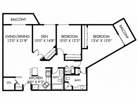 Floor plan for 3 beds, 2 baths, 1197 sqft